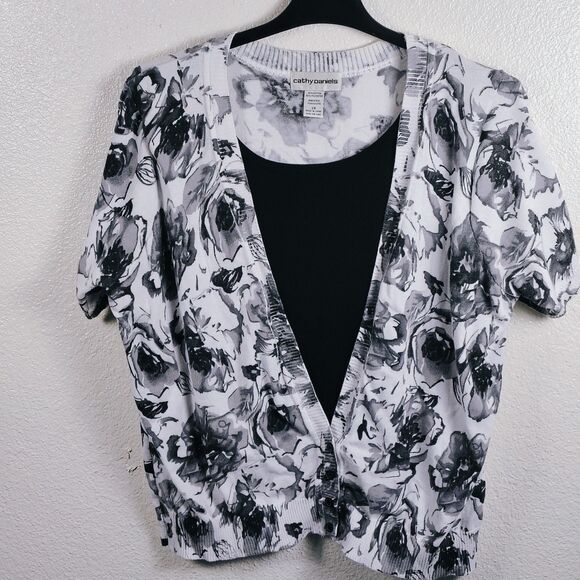 The Unbranded Brand Tops - Cathy Daniels Blouse Womens Large Black White Floral 3/4 sleeve